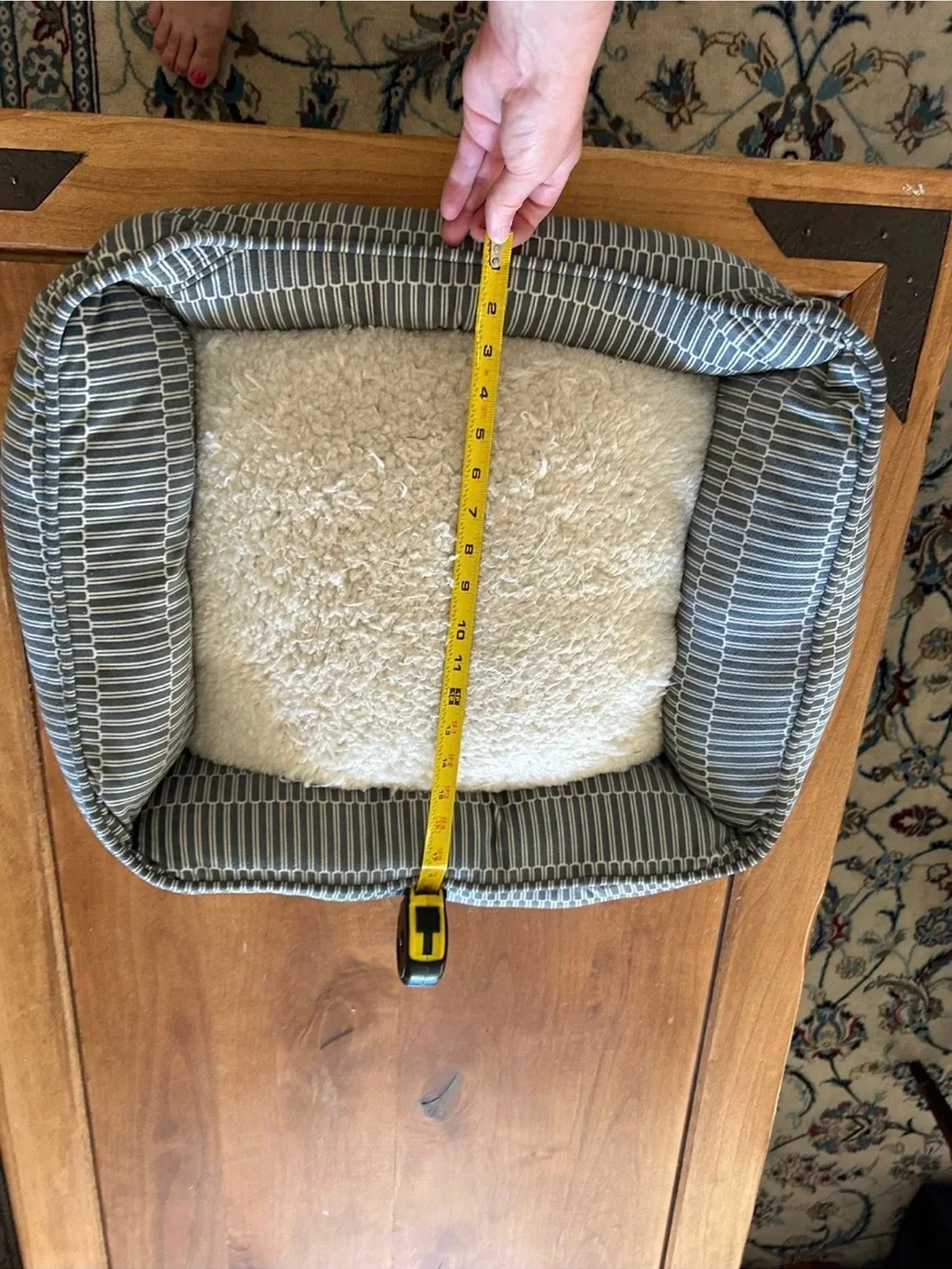 Cozy blue Stripe Square Pet Bed with Cream Sherpa Cushion